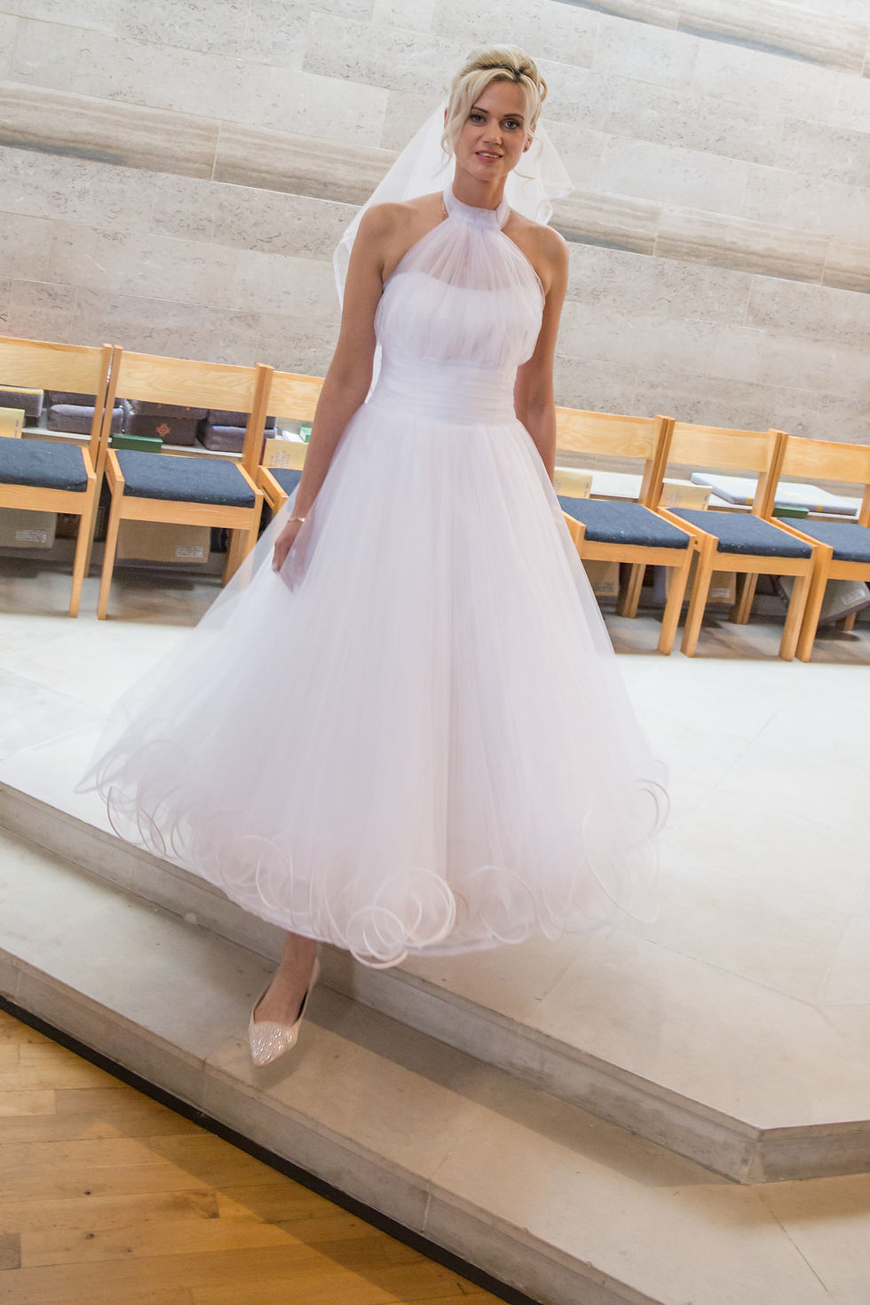 White retro tea length wedding dress Angel with halter tulle neckline and frilled hem