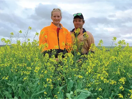 James Allen and Miranda Pritchard standing in a flowering canola crop on their Mallee broadacre farm.