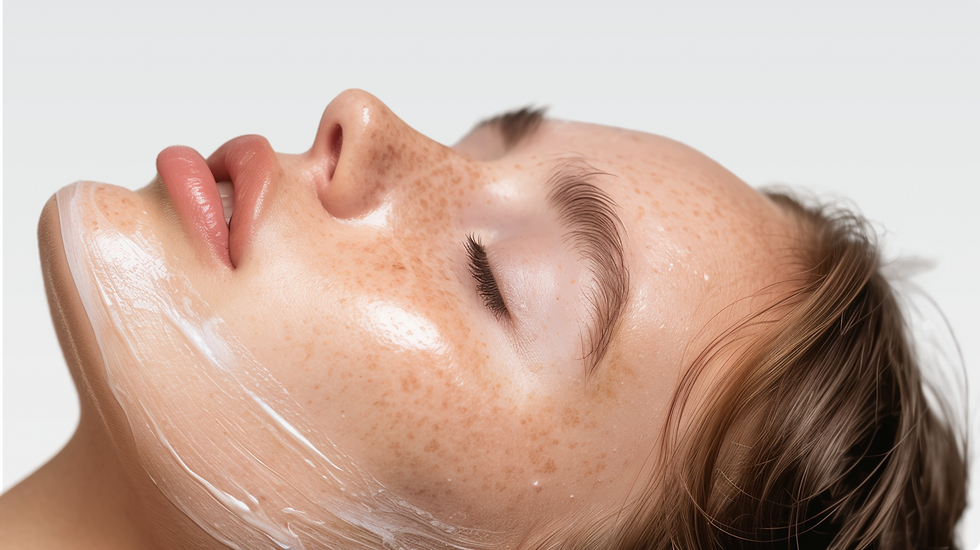 Close-up of a serene face with freckles, eyes closed. A glossy cream is applied on the cheeks and chin, with a soft white background.