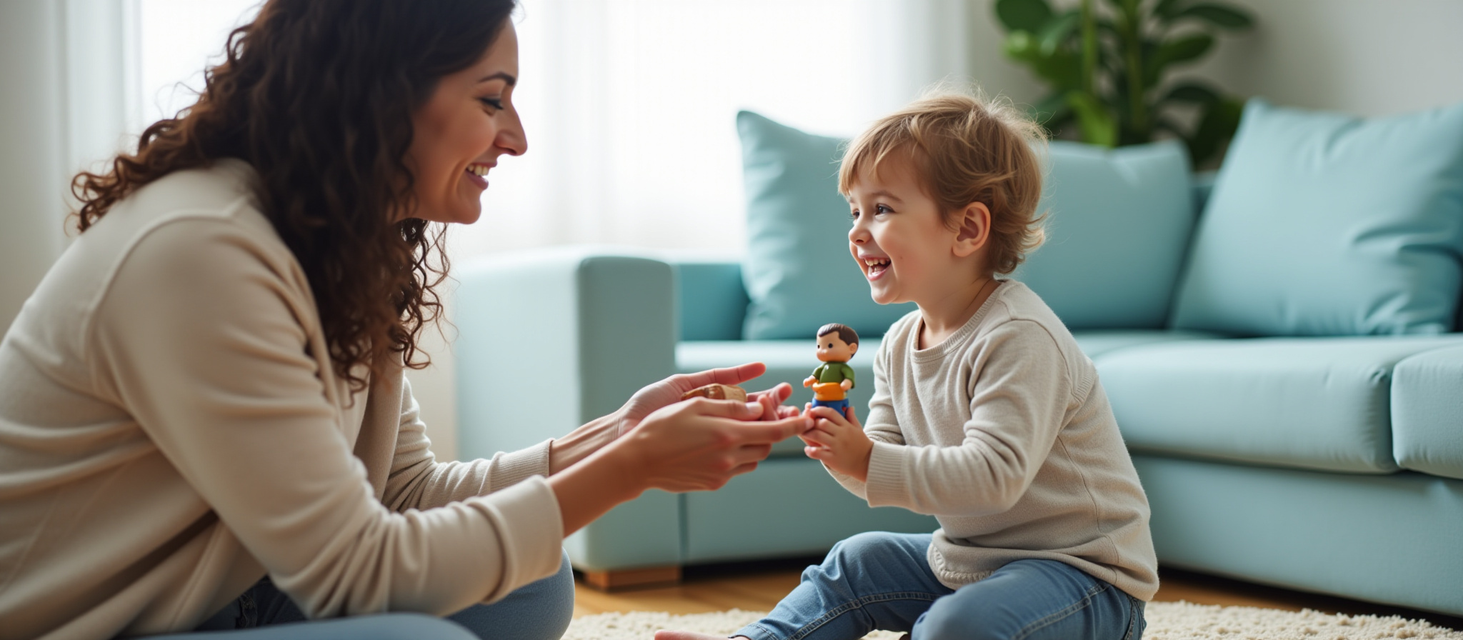 Woman presenting toys to smiling child