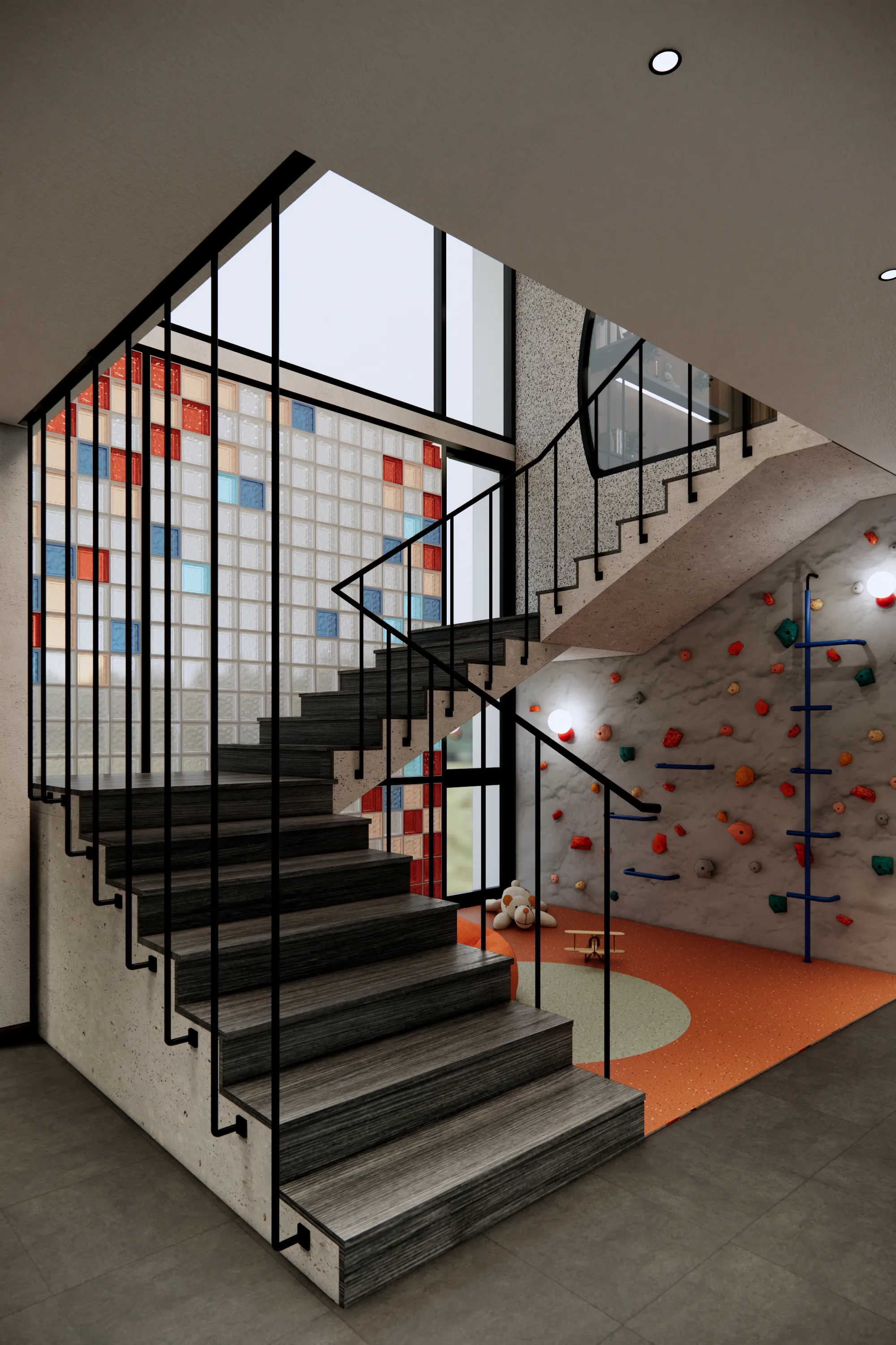 โถงบันไดบ้านวงกลม ผนัง Glass Block หลากสี ผนังปีนเขา Skylight