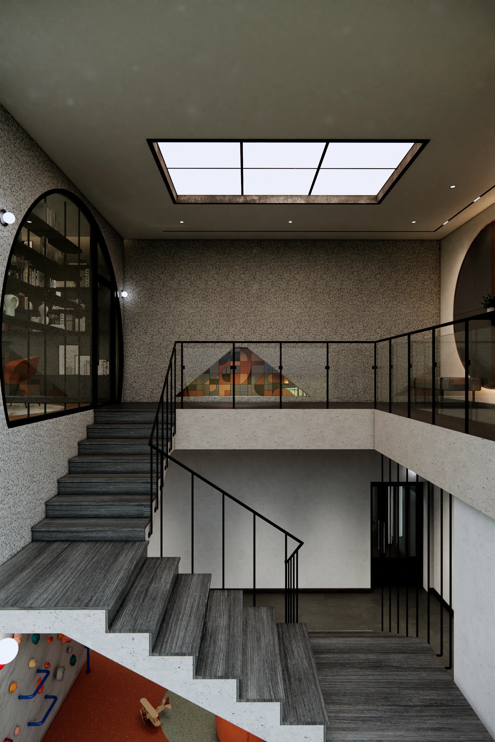 โถงบันไดบ้านวงกลม ผนัง Glass Block หลากสี ผนังปีนเขา Skylight