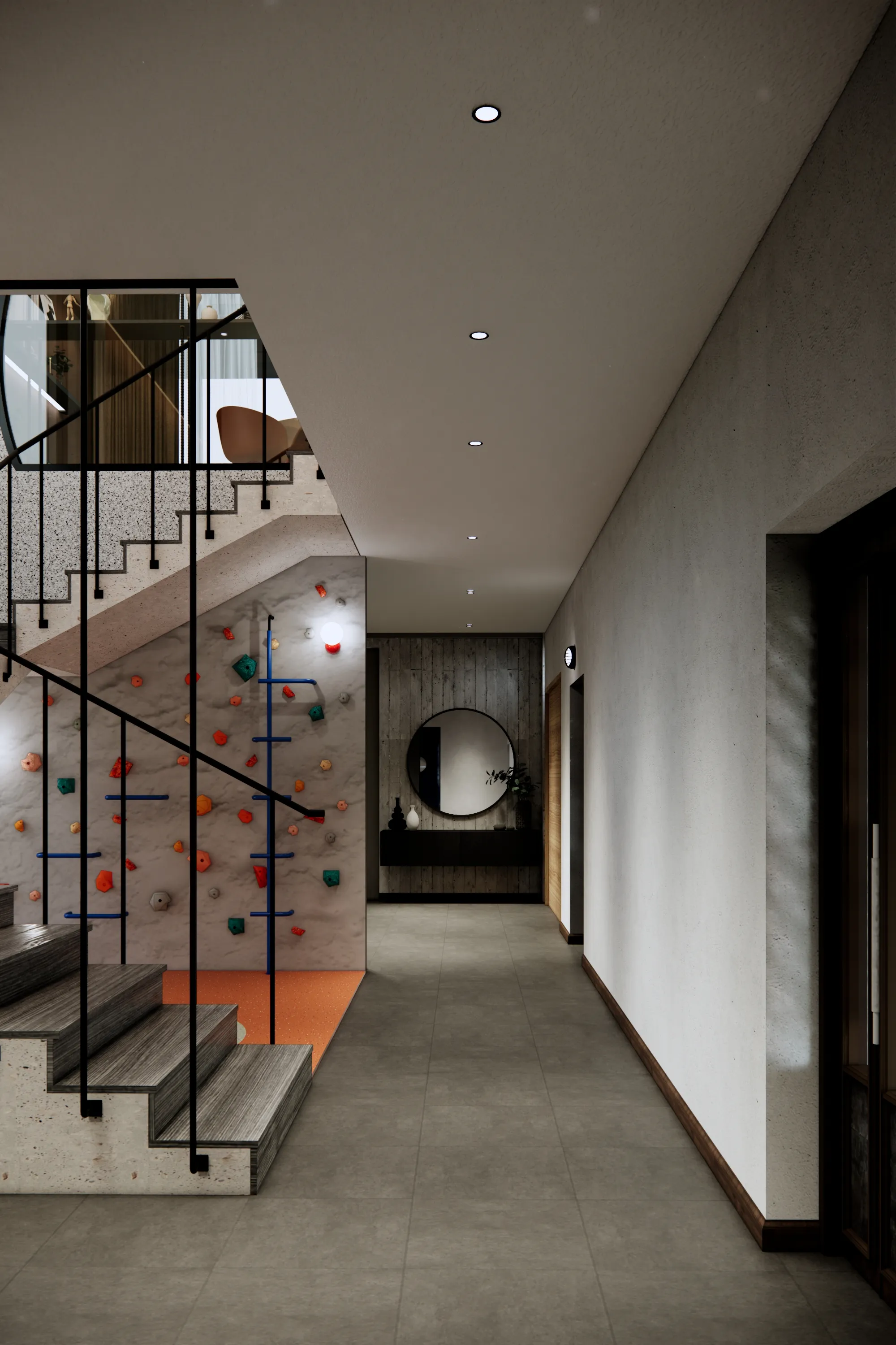 โถงบันไดบ้านวงกลม ผนัง Glass Block หลากสี ผนังปีนเขา Skylight