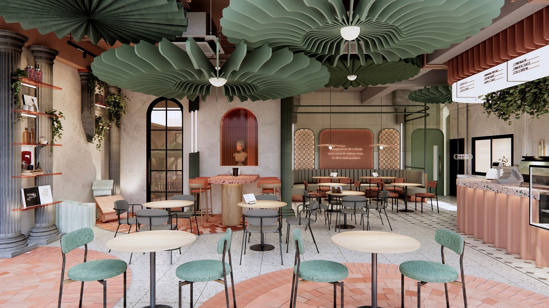 บรรยากาศภายใน Agora Café แนวเมดิเตอร์เรเนียนผสมคลาสสิก