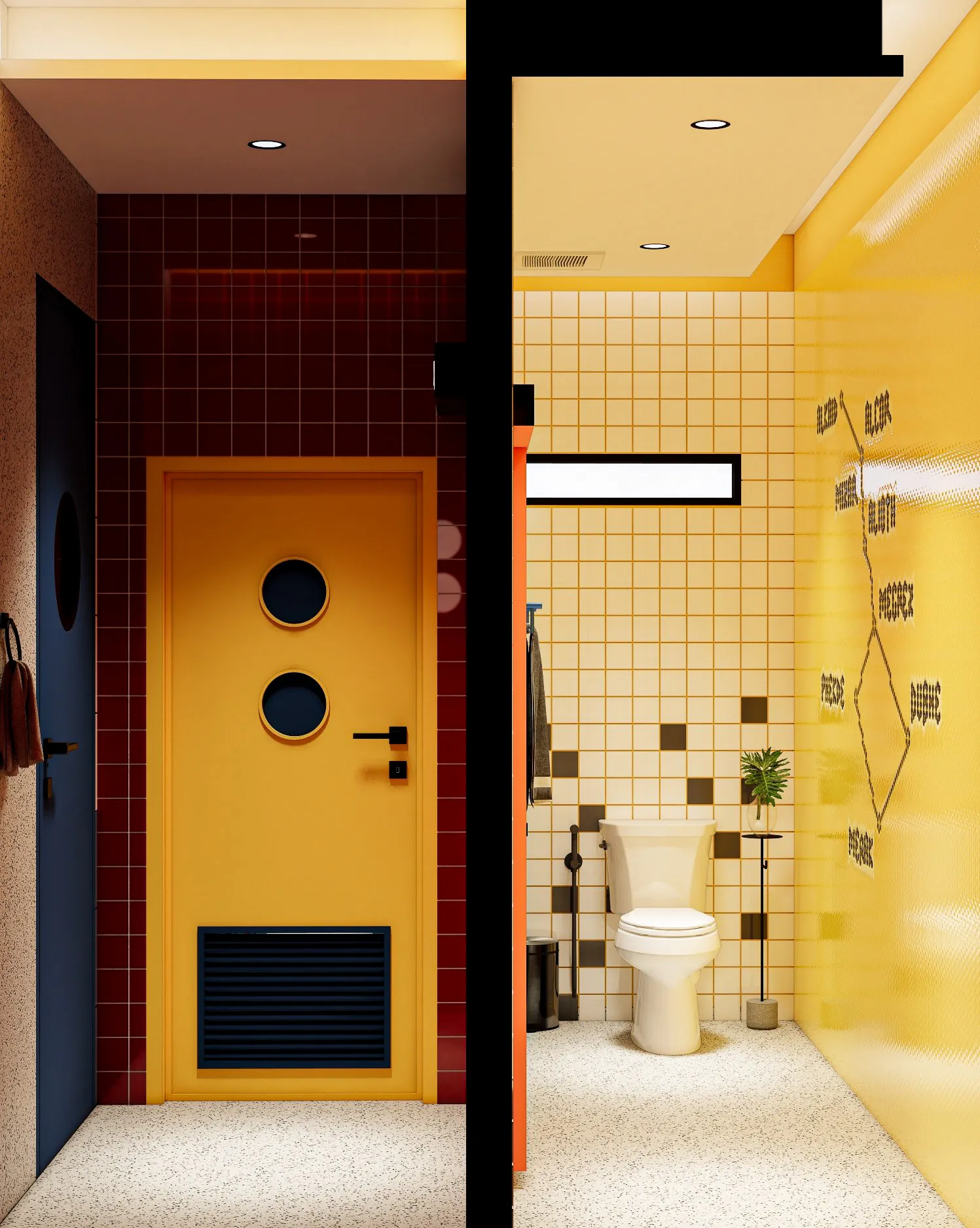 ห้องน้ำรับแขกบ้านวงกลม กระเบื้องสีสด ประตูส้ม นีออน ON AIR