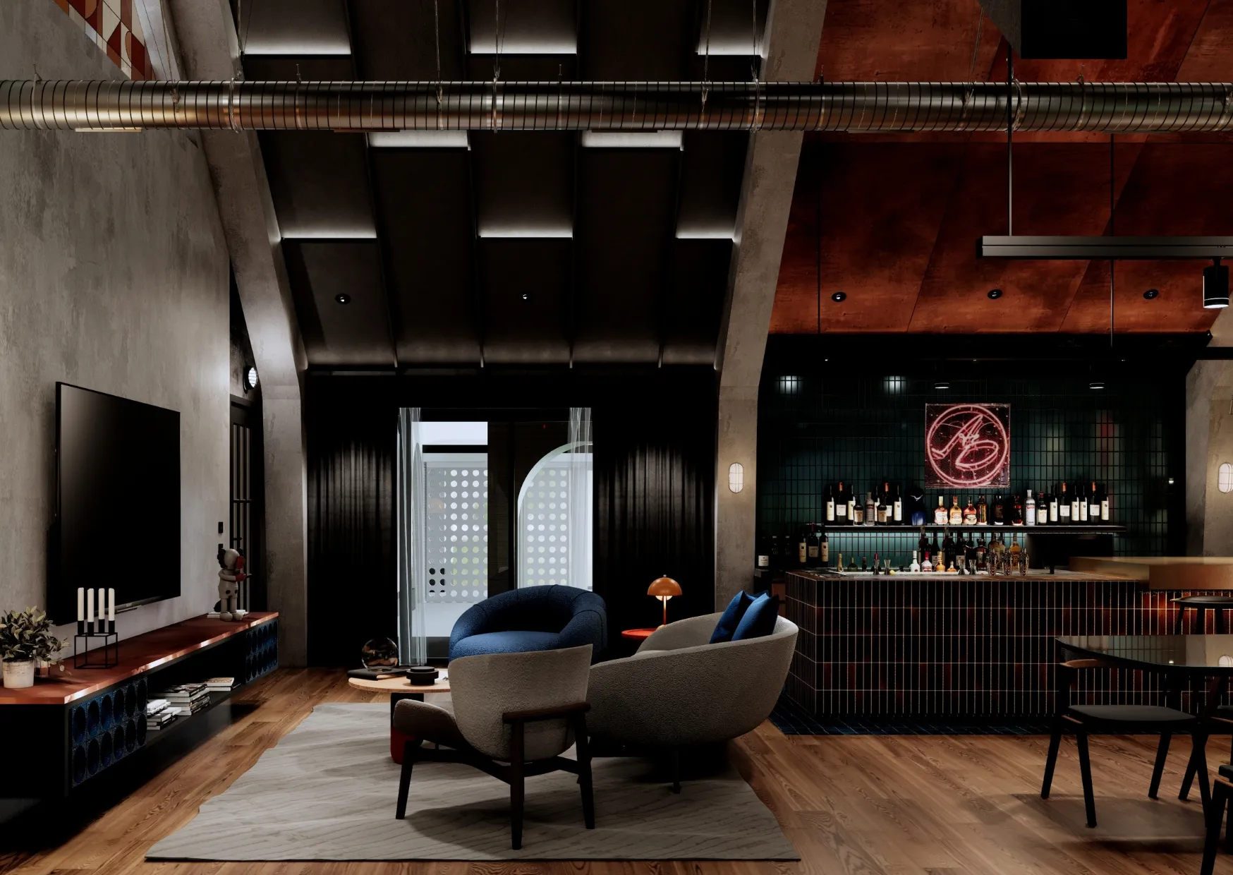 Grandroom บ้านวงกลม พื้นที่รวมครอบครัวสไตล์ Industrial Loft เพดานสูงโครงสร้างเหล็กเปิดเผย