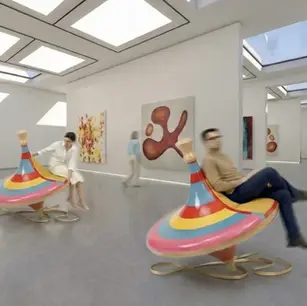 เก้าอี้ Spin Memories รูปทรงลูกข่างสีสันสดใส เบาะผ้าสีเหลือง พื้นหลังสีขาว