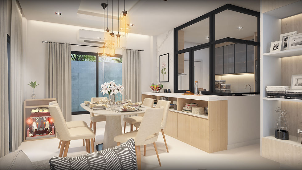 ห้องทานอาหารเชื่อมมุมมองกับครัวผนังกระจก | dining room glass kitchen