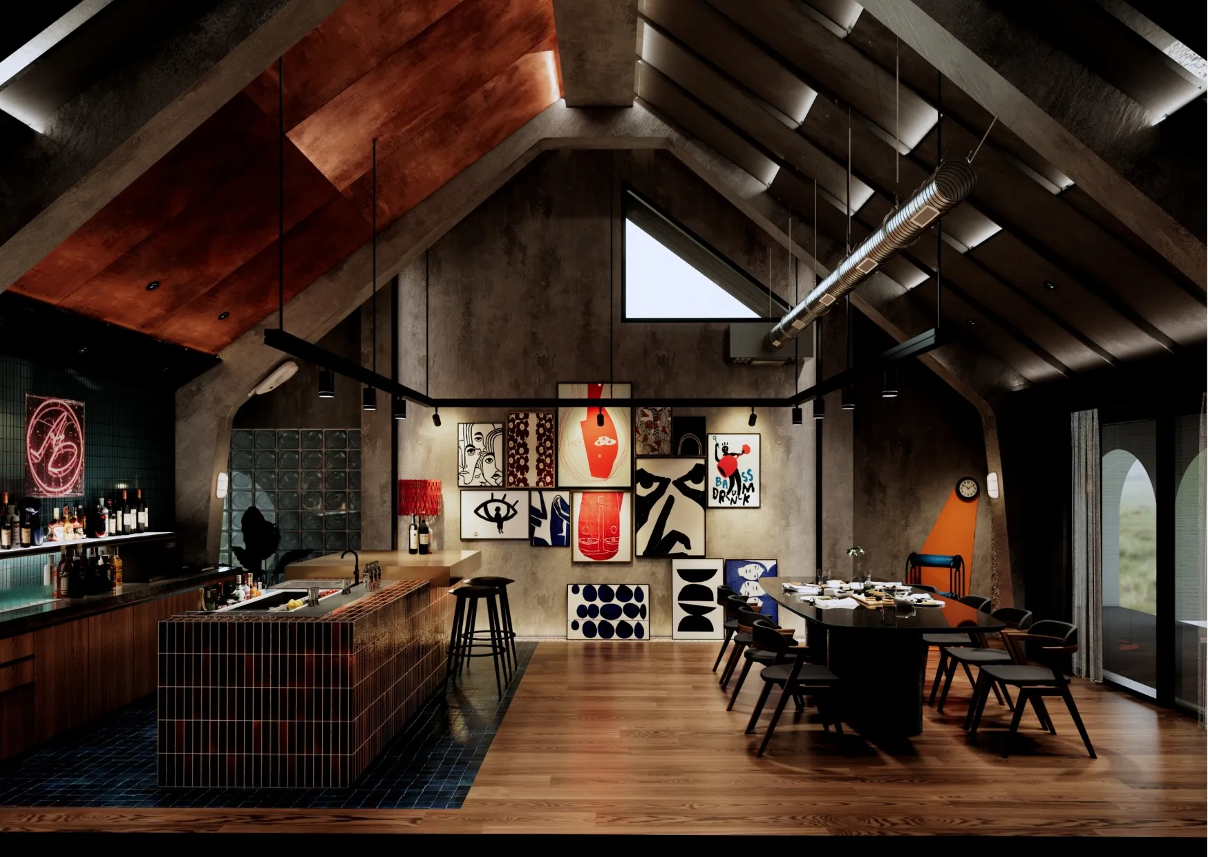 Grandroom บ้านวงกลม พื้นที่รวมครอบครัวสไตล์ Industrial Loft เพดานสูงโครงสร้างเหล็กเปิดเผย