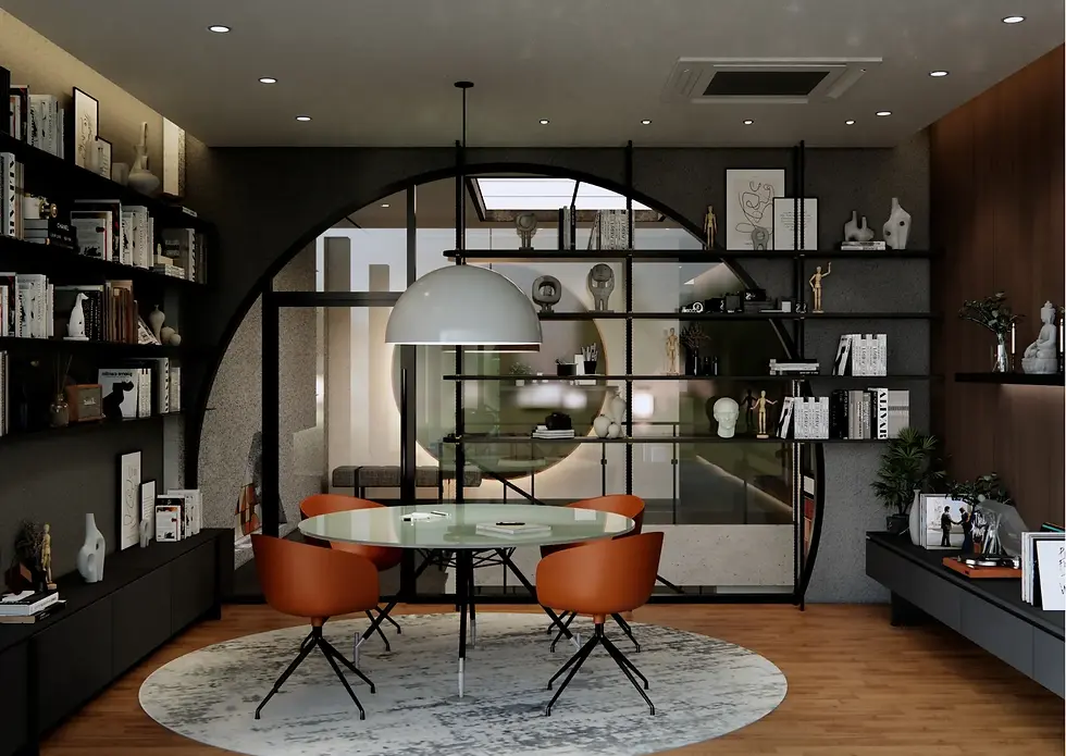 ห้องอ่านหนังสือบ้านวงกลม ชั้นหนังสือเหล็ก Industrial โต๊ะกลม เก้าอี้ส้ม