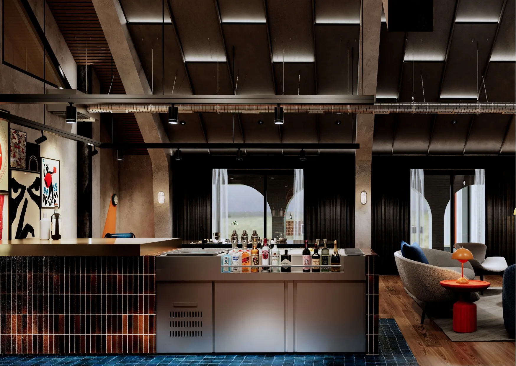 Grandroom บ้านวงกลม พื้นที่รวมครอบครัวสไตล์ Industrial Loft เพดานสูงโครงสร้างเหล็กเปิดเผย