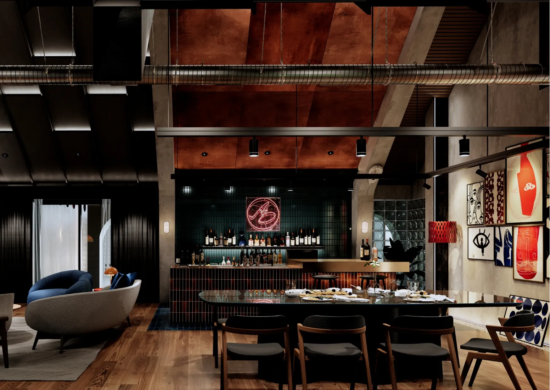 Grandroom บ้านวงกลม พื้นที่รวมครอบครัวสไตล์ Industrial Loft เพดานสูงโครงสร้างเหล็กเปิดเผย