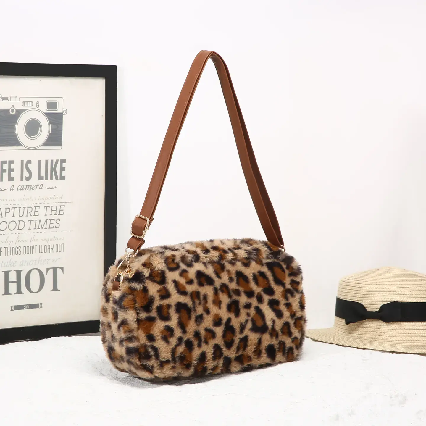 Leopard Print Faux Fur Crossbody Bag - 25421