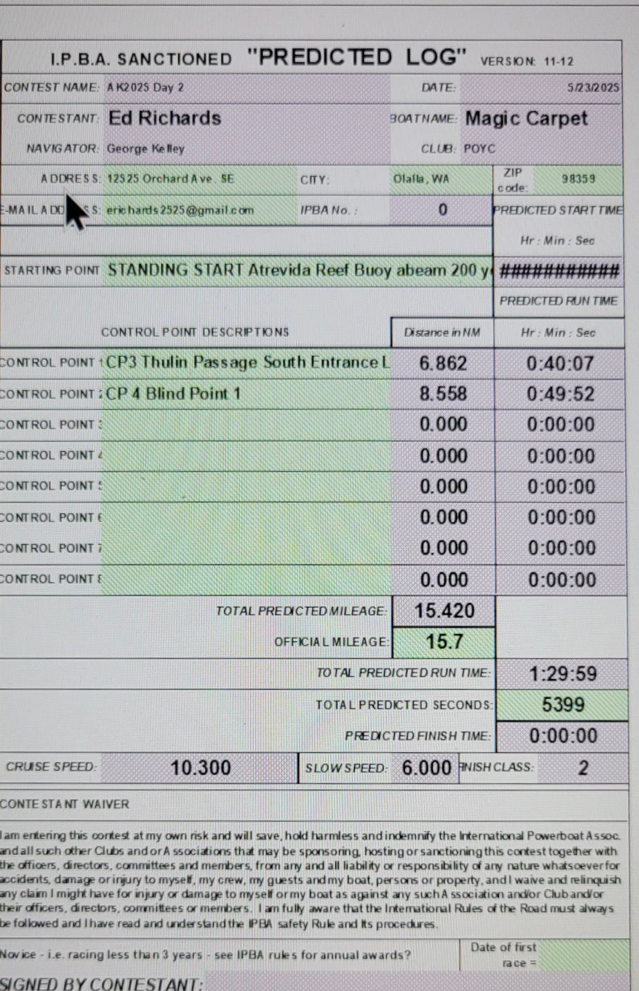 This is our predicted log for this leg of competitions. Tomorrow we will provide the actual times for the competition and then await the judgement.