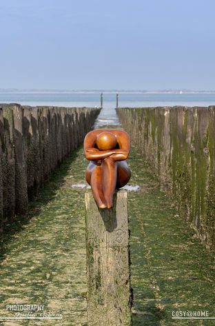 Sfeerfoto van een houten beeld op een paal tussen twee rijen palen met de zee op de achtergrond