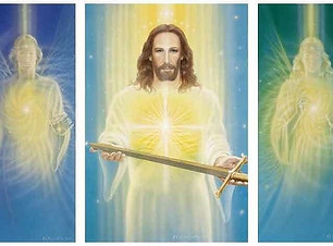 Foto Leiendecker Christus das Schwert der Wahrheit mit 2 Engeln Tryptichon Michael Raphael