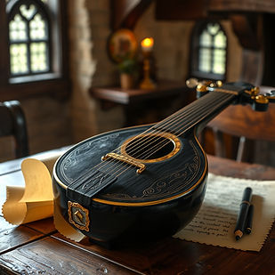 An image dictating a black lacquered lute with gold lining Sitting on a tavern table with