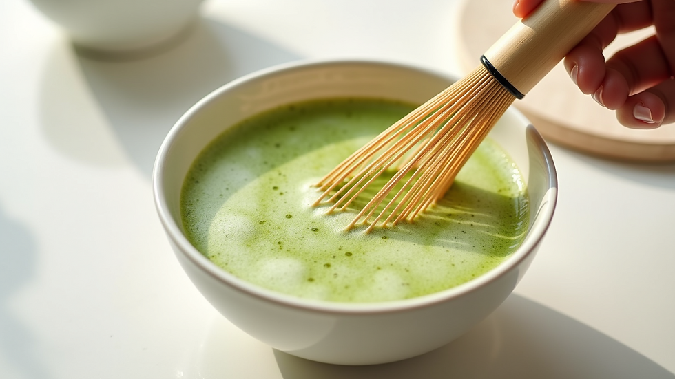 Eye-level view of a bamboo whisk frothing matcha in a ceramic bowl