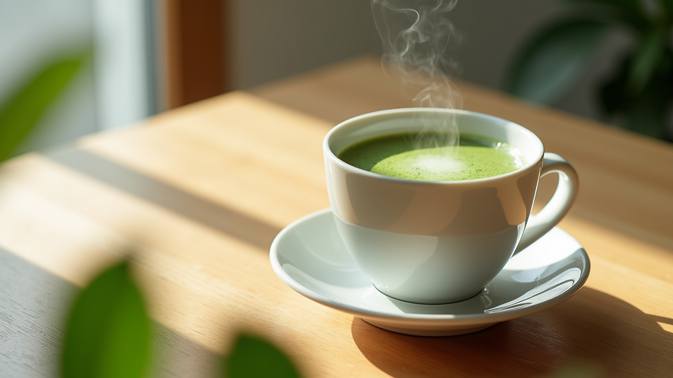 Close-up view of a steaming cup of matcha tea on a wooden table