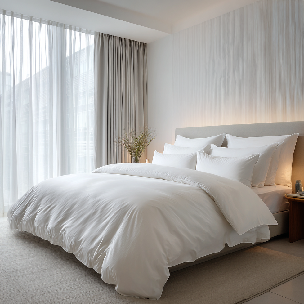 uma cama com produtos Plumera