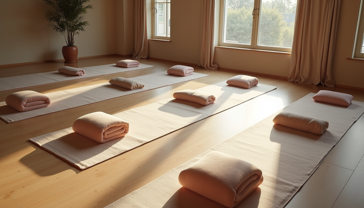 High angle view of a calm yoga space with mats and props ready for restorative practice