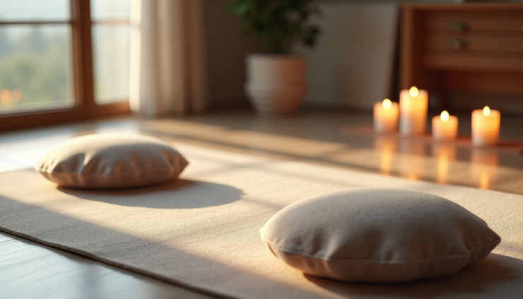High angle view of a yoga mat with meditation props in a quiet room