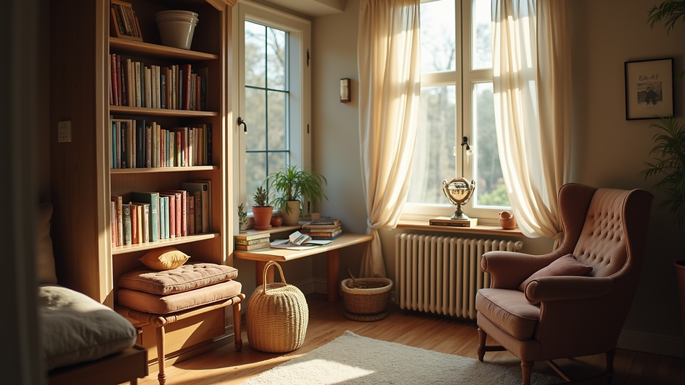 Eye-level view of a cozy reading nook with a stack of books