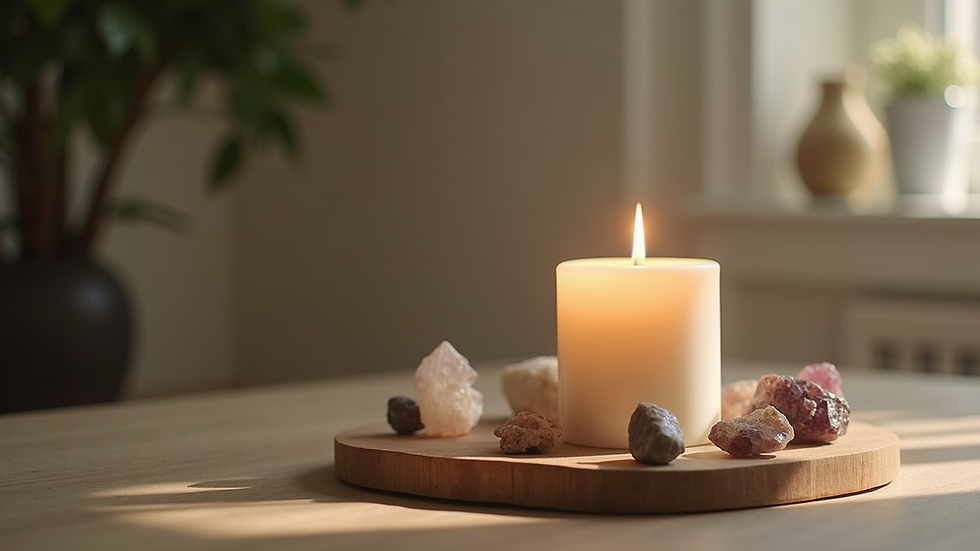 Close-up view of a lit candle surrounded by crystals