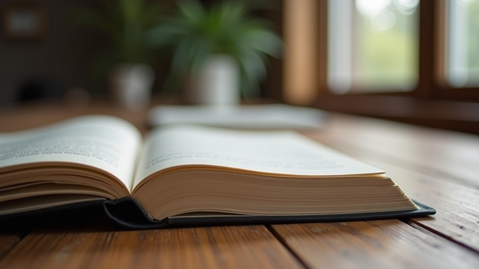 Eye-level view of an empty journal on a wooden table