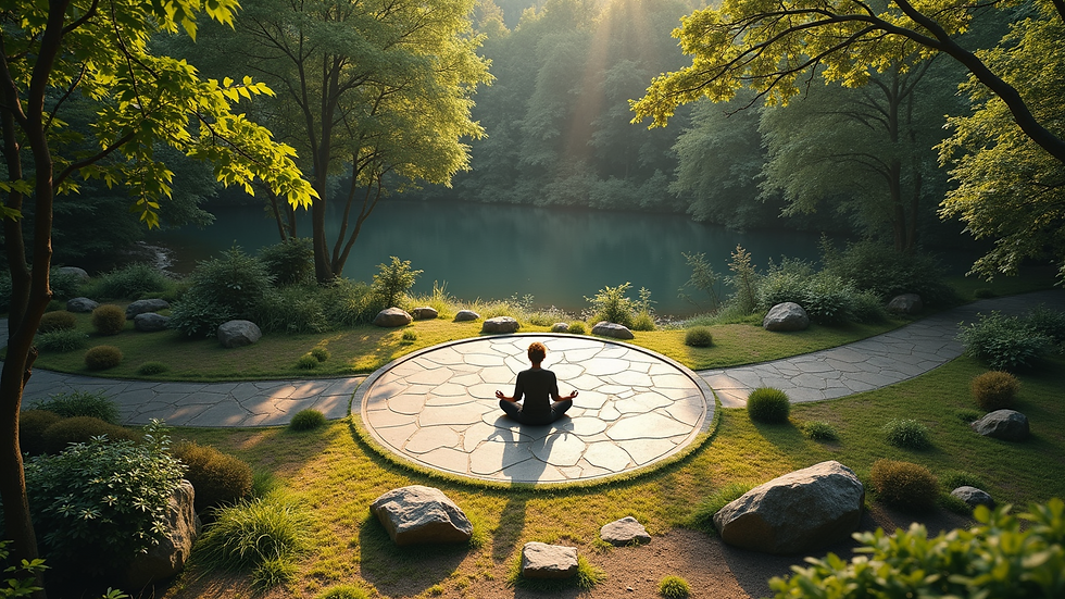 High angle view of a peaceful outdoor meditation spot surrounded by nature