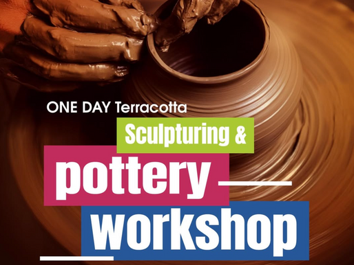 Hands shaping a clay pot on a pottery wheel during a terracotta and pottery workshop at Kerala Arts & Crafts Village, Kovalam. Poster for the May 24, 2026 workshop event.