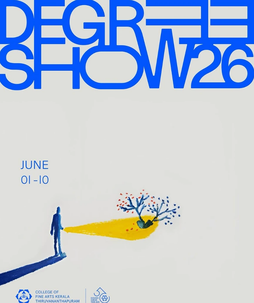 Постер выставки Degree Show 2026 в Тривандруме с минималистичным дизайном и иллюстрацией света, направленного на дерево.
