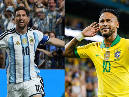 Messi e Neymar comemorando em Copas do Mundo comparação Argentina Brasil