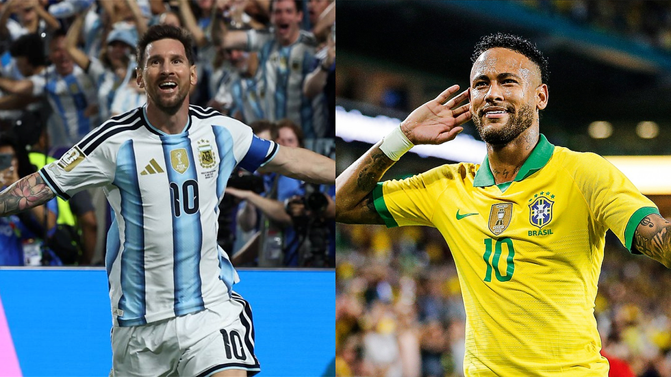 Messi e Neymar comemorando em Copas do Mundo comparação Argentina Brasil