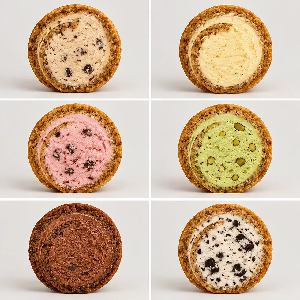 Studio photography of six circular ice cream sandwiches with various flavors and fillings. They are arranged in a clean, minimalist grid against a plain white background.