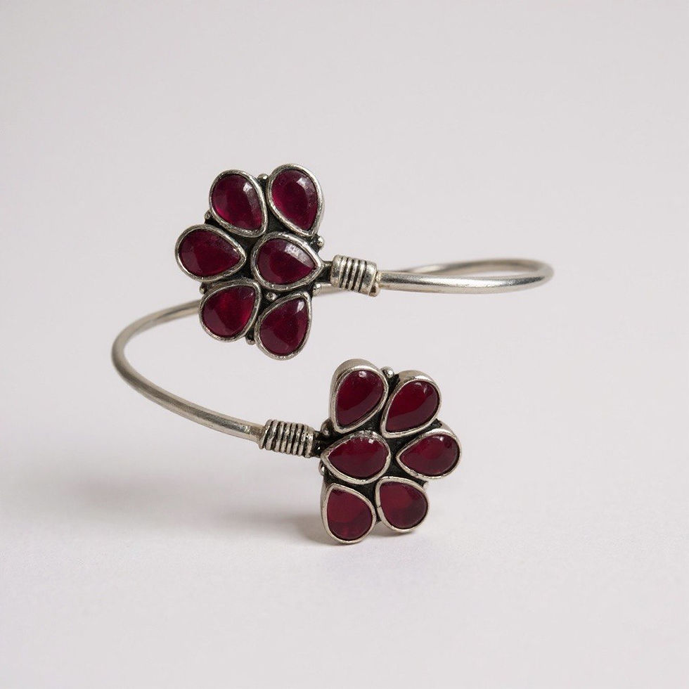 Thumbnail: Oxidised Silver Red/Blue Stone Floral Adjustable Bangle