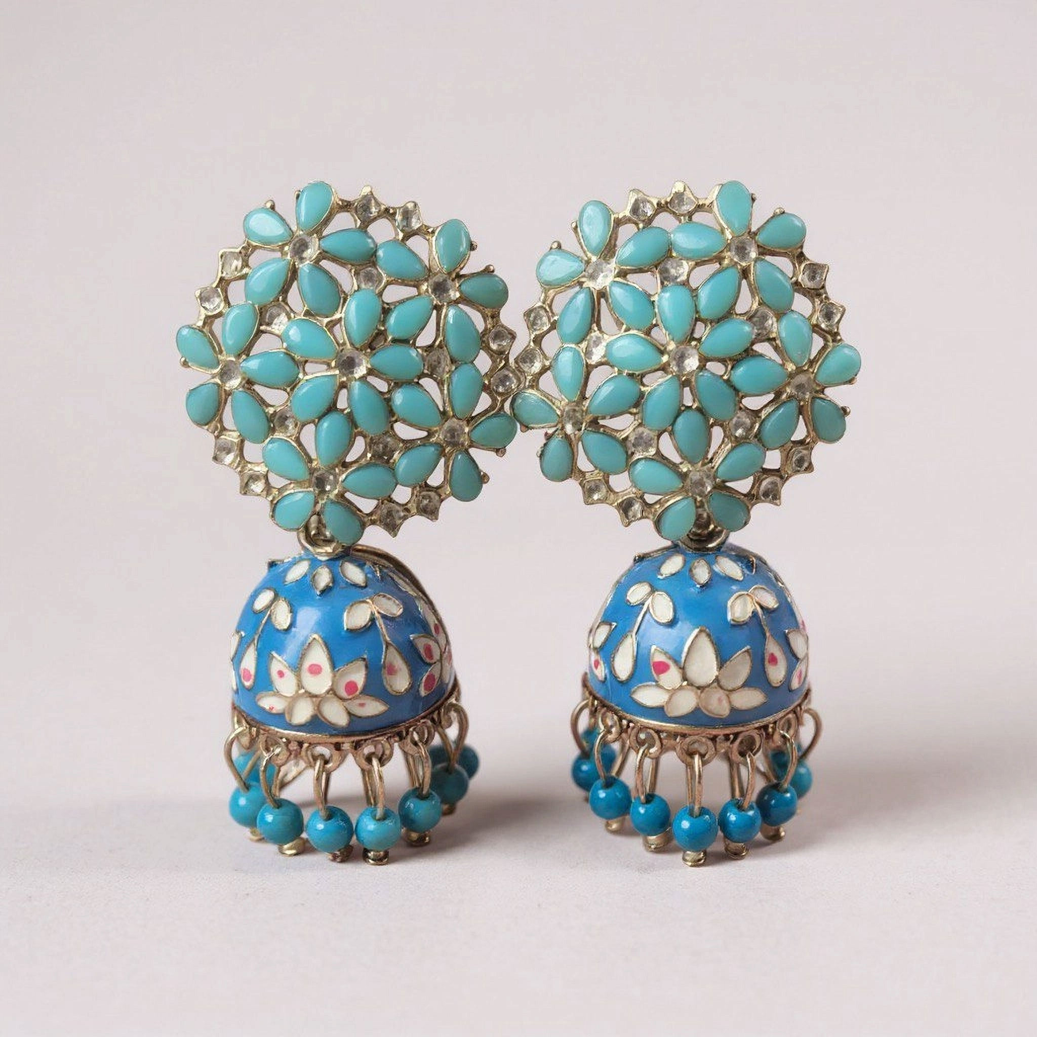 Turquoise Floral Jhumka Earrings