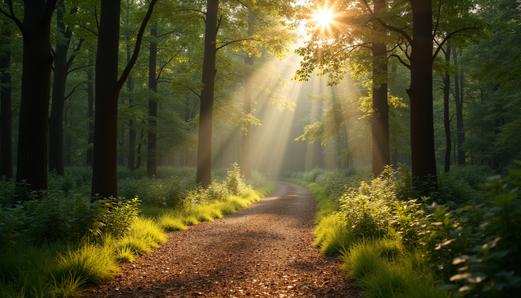 High angle view of quiet forest trail with sunlight filtering through trees