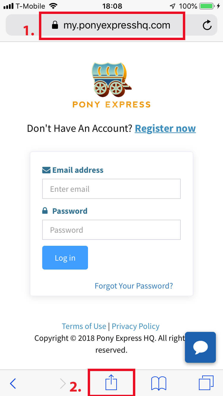 Step 1 & 2: How to bookmark Pony Express HQ Dashboard to your mobile home screen?