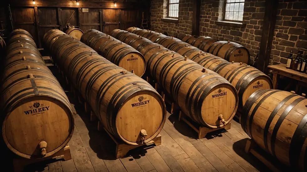 High angle view of whiskey barrels in a rustic distillery