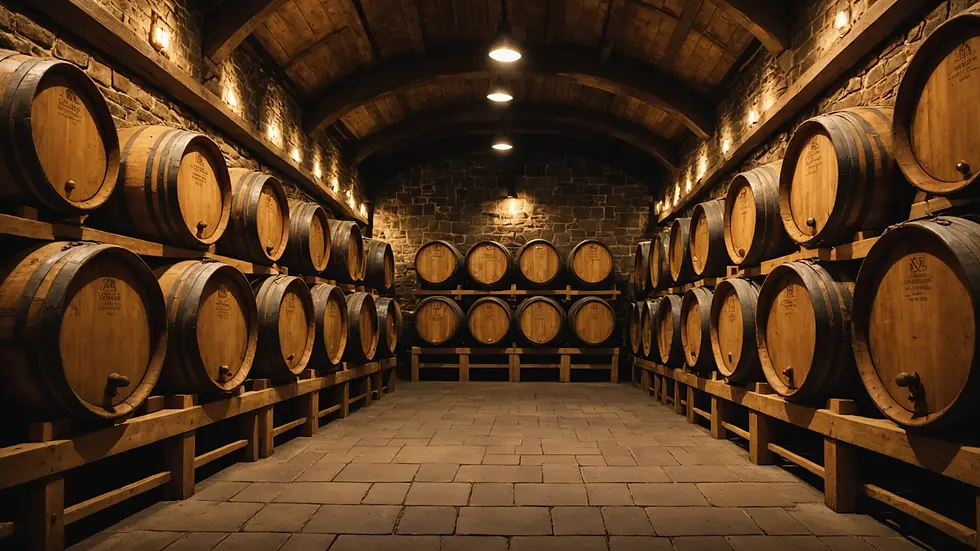Eye-level view of whiskey cask aging in a cool cellar