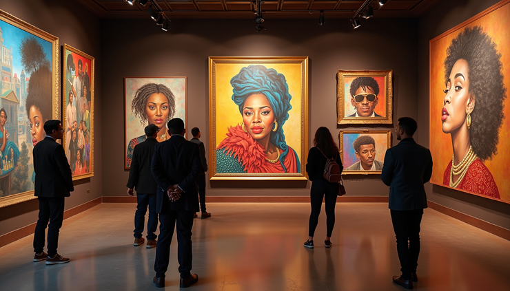 High angle view of a vibrant Black History Month art exhibit with paintings and sculptures