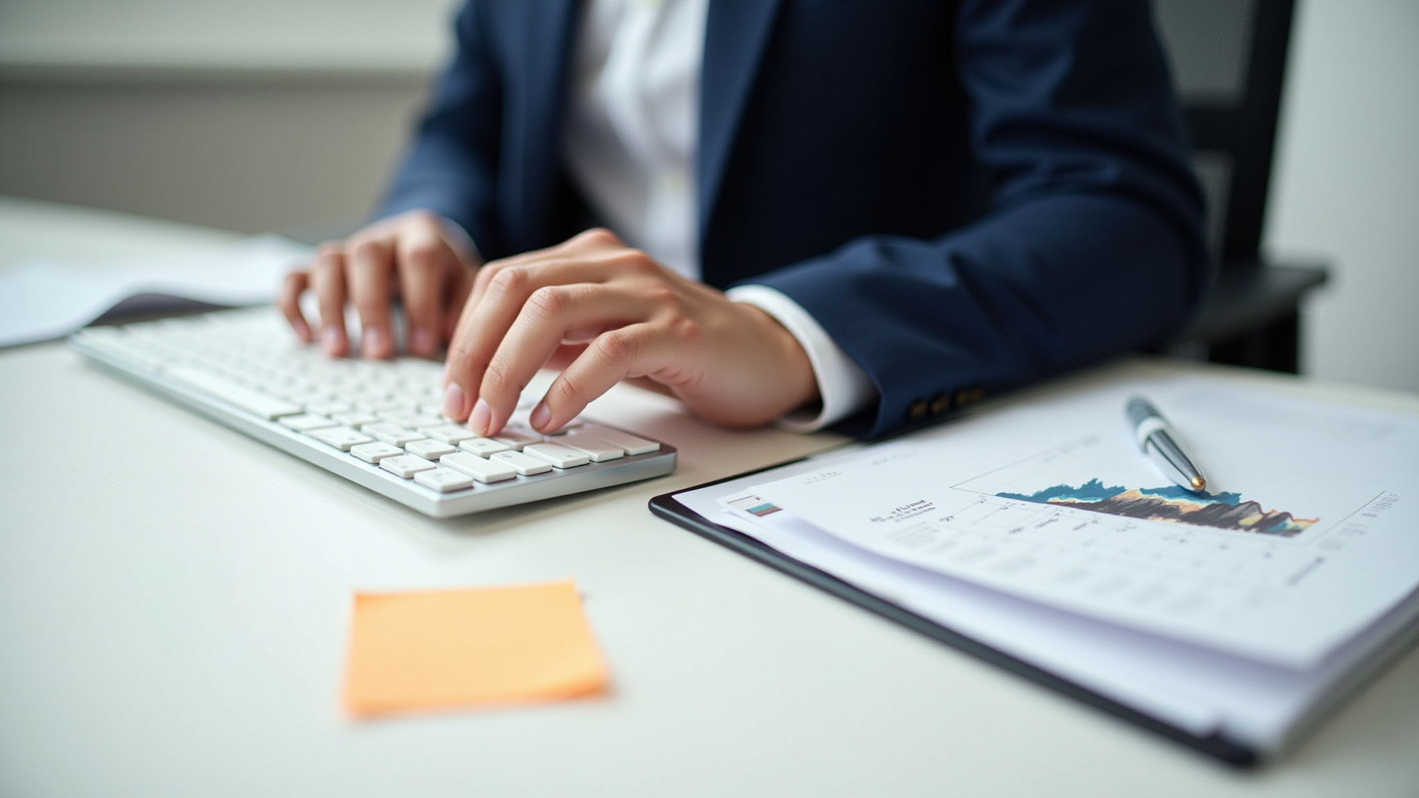 Hands of a person in a suit typing on a keyboard