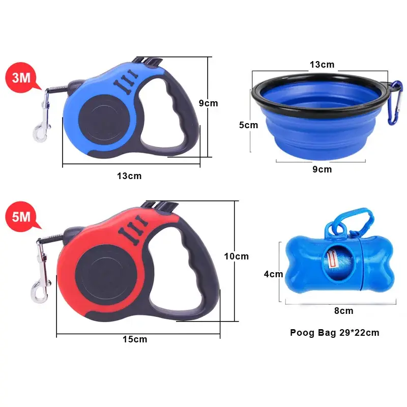 Miniature : Laisse rétractable avec distributeur de sacs à déjections canines et gamelle