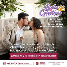 Lanza Registro Civil de Oaxaca convocatoria Bodas Colectivas Gratuitas 2024