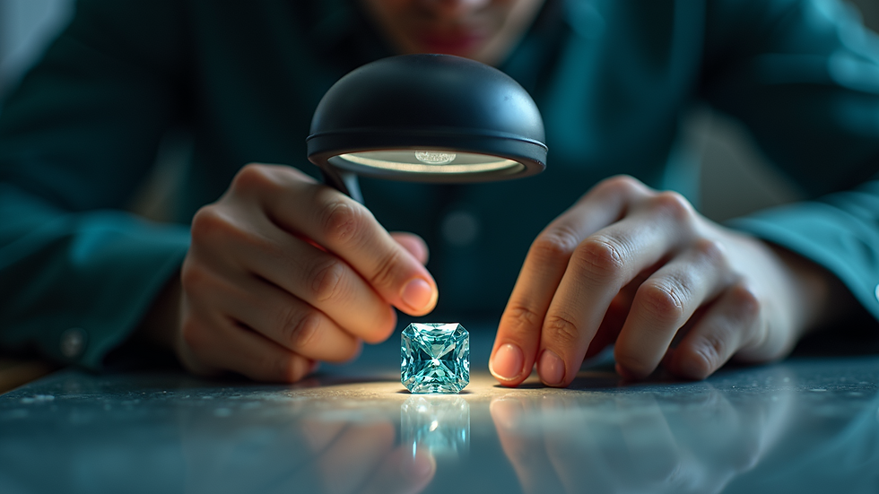 Eye-level view of a jeweler examining a gemstone under a magnifying glass