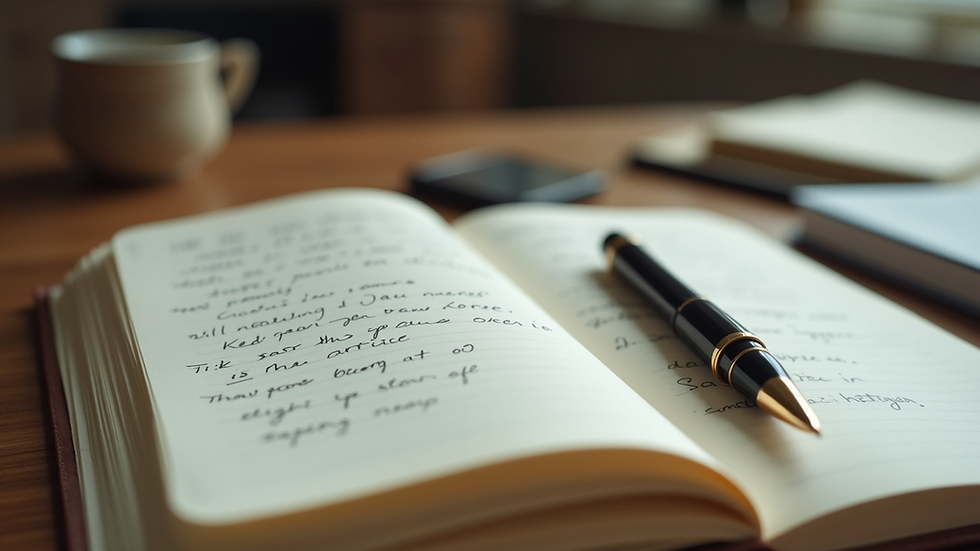 Eye-level view of an open notebook with handwritten notes and a vintage pen