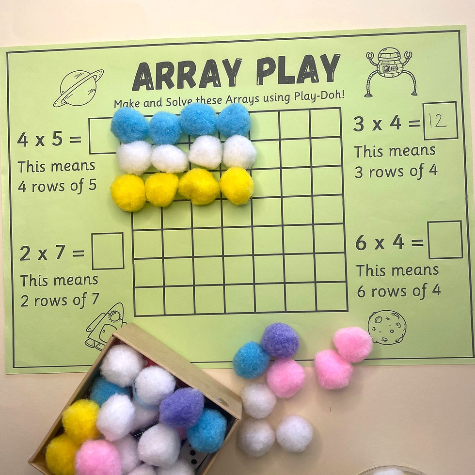Creating an array with pom poms on a multiplication grid mat