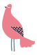 An illustration of a pink bird standing upright with a dark blue beak, wings adorned with dark blue details, and dark blue le