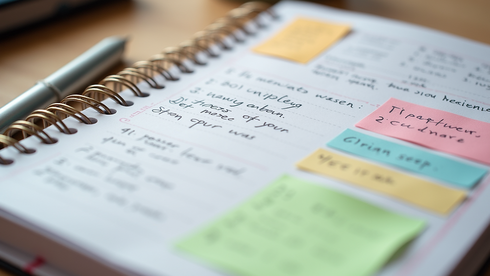 Close-up view of a colorful printable planner page with handwritten notes